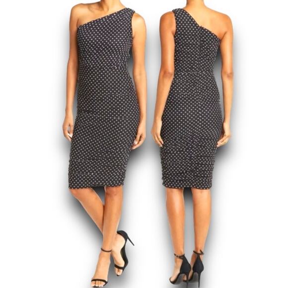 Love X Design One Shoulder Bodycon Midi Dress Black White Polka Dot Size Medium - Picture 1 of 8